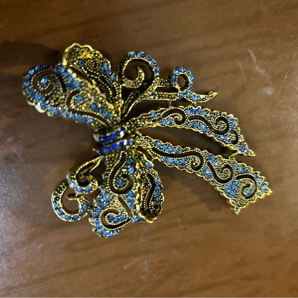 Elegant Gold and Blue Bow Brooch - Picture 2 of 11